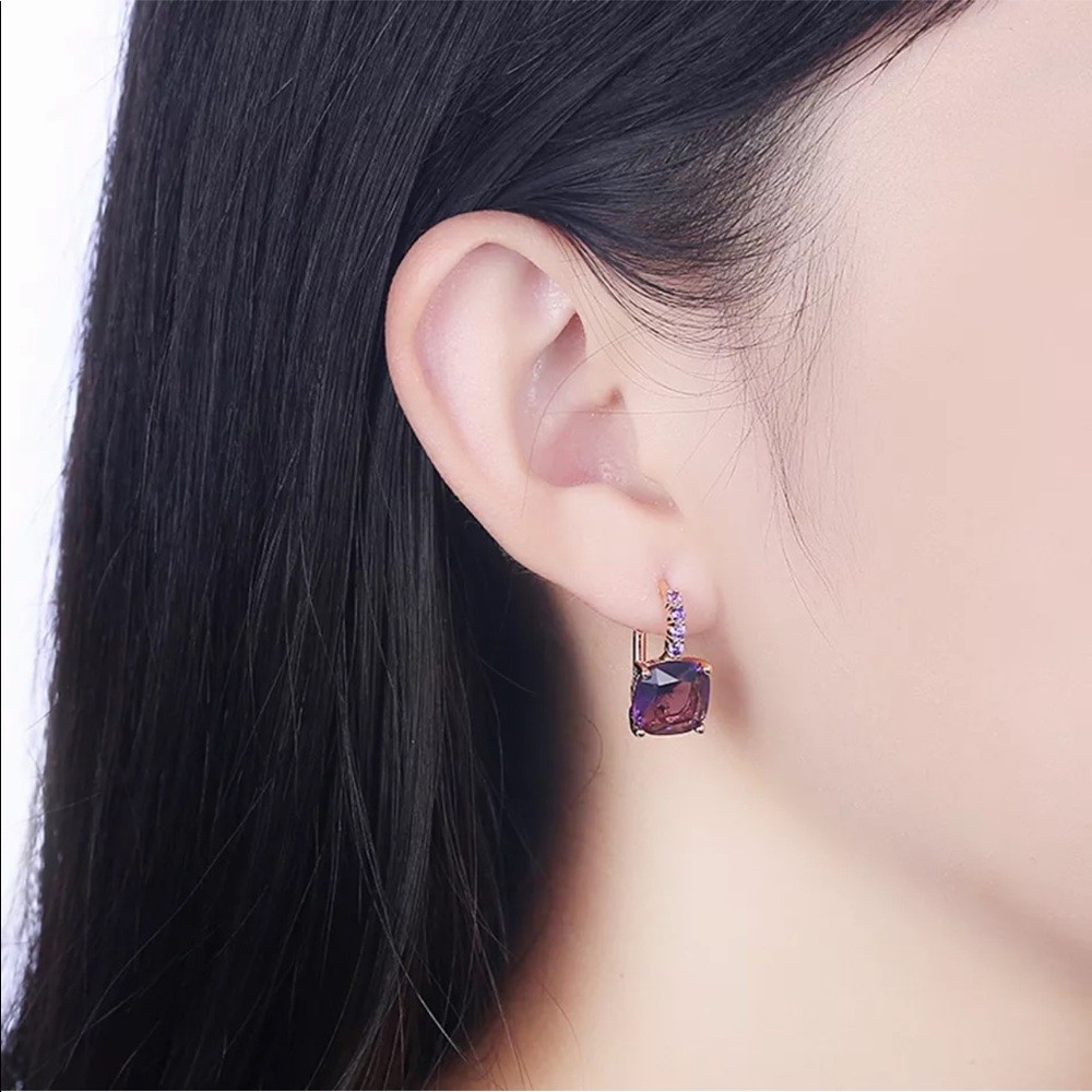 New Women’s Yellow Gold Plated Amethyst Earrings - Picture 2 of 3